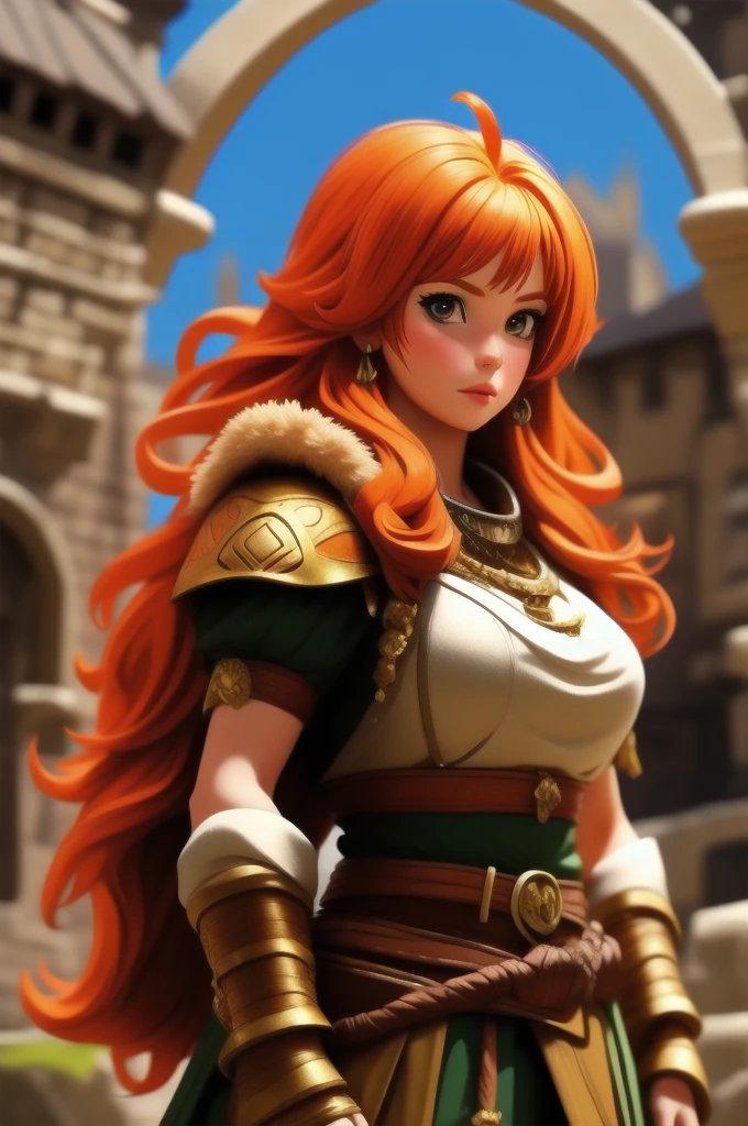 anime, detailed, depth of field, sunny, ginger hair, barbarian female, medieval time, looking up, careful, serious look, front view, medieval city background