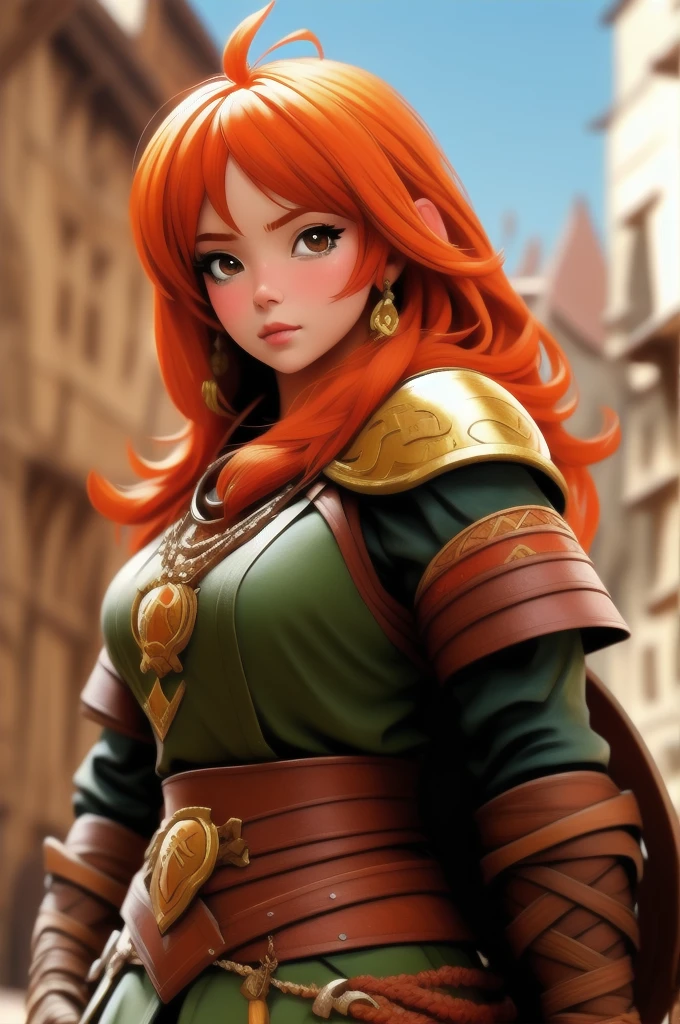 anime, detailed, depth of field, sunny, ginger hair, barbarian female, medieval time, looking up, careful, serious look, front view, medieval city background