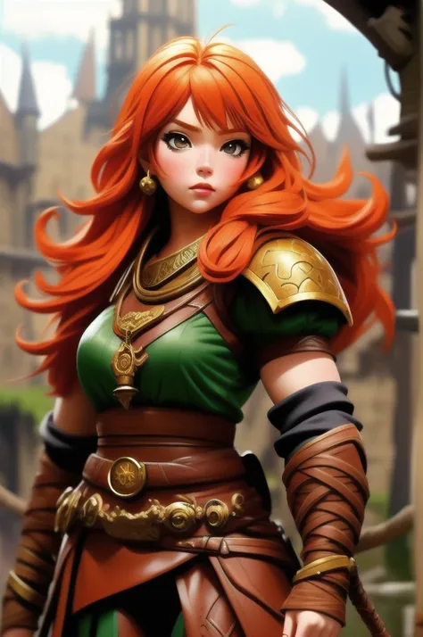 anime, detailed, depth of field, sunny, ginger hair, barbarian female, medieval time, looking up, careful, serious look, front v...