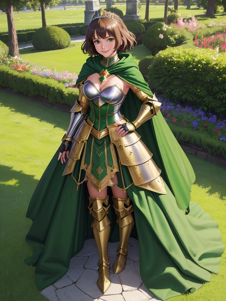masterpiece, best quality:1.2), 1girl, smile, looking at viewer, green eyes, short brown hair, princess, armor, , pauldrons, armored dress, green cloak cape, wearing puffy blue ballgown skirt, golden tiara with green gem, armored boots, fingerless gloves, standing in medieval garden