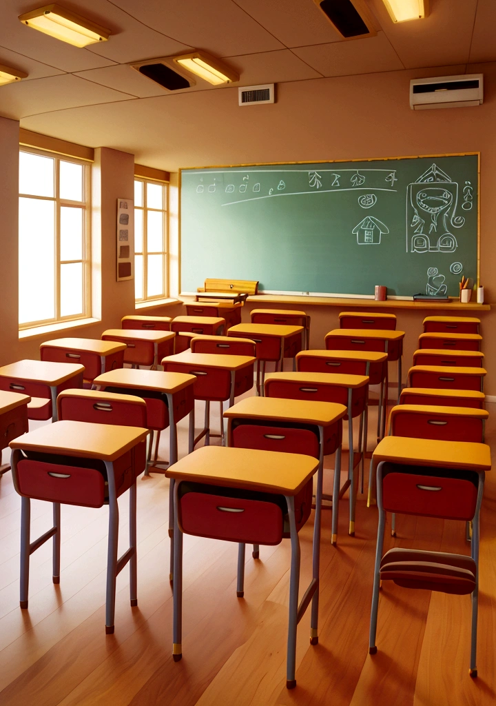 a classroom, girl sit on chair