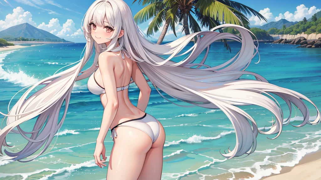 (best quality, highres, masterpiece:1.2), ultra-detailed, realistic:1.37, white-haired woman,beach,  tall, brown eyes, fair skin, elegant, confident smile, wearing a blue strapless bikini set, beach bar background, back turned 