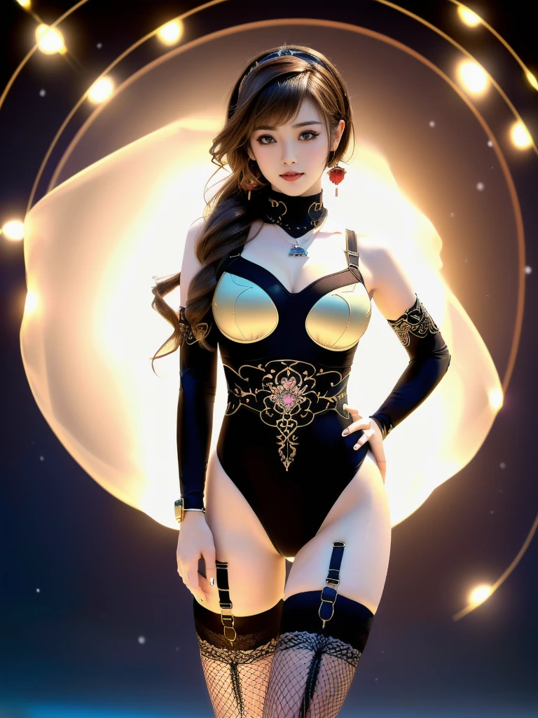 An Asian Chinese female model, (Night background), (8K Ultra HD, Digital SLR Camera, Soft Light, high quality, Volumetric Lighting, frank, photo, high resolution, 4K, 8K, Bokeh), ((Create stunning images of real girls), warm light, Dynamic poses, Elegant Posture, Cowboy lens, Full body front view, From the front，Be confident, Front of the body facing the camera, Standing posture facing the camera, Open your legs slightly, Golden Ratio Graphics, Minimalism), (Show a charming smile, Willow Leaf Eyebrows, big eyes, Apricot eye prick, Cherry Blossom, Balanced Eyes, Oval face, Pretty Face, Normal facial features, Skin is transparent and visible, Thin skin and tender meat, cosmetic, earrings, bracelet, necklace, Jewelry, veil, Hair accessories), (Brown hair, Wavy curly hairstyle, Waist-length hair, Messy Hairstyle, Gradient hairstyles, Cyberpunk hairstyle), ((Transparent clothes：1.5), (Color of clothes:crimson),BDSM clothes, Mesh clothes, Transparent mesh one-piece swimsuit, Three-point bra with straps), (Sexy, Perfect breast shape, Teardrop-shaped chest shape, Snow-white breasts, very detailed breasts, 34E cup, Exposing the southern breast), (Super high waist clothes, Waist hollow,Camel toe, Levain), (Black socks, Sheer lace knee socks, 吊garter, Leg ring, garter, 腿部garter)