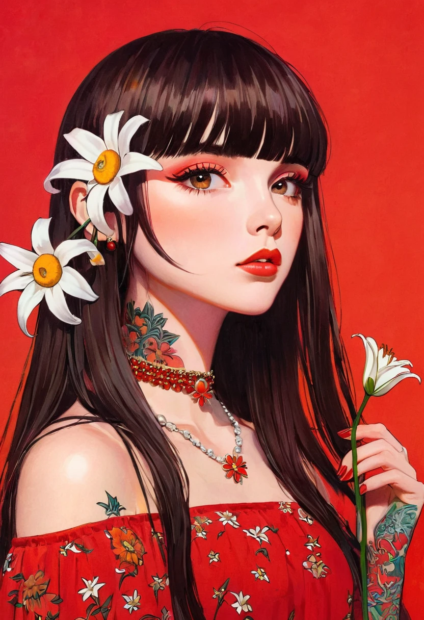 1girl,bangs,blunt bangs,daisy,flower,jewelry,lily \(flower\),long hair,red background,red sky,red theme,solo,tattoo,white flower