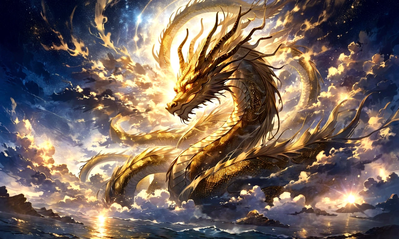 great dragon god, gentle gaze, fantastic background, moonlight background, sea of clouds background, golden splashes, mysterious, divine light, mythical creature, traditional Chinese dragon, myth, speckled light, hazy haze, mysterious aura, masterpiece, fantastic, elegant dragon, good fortune, fantasy art