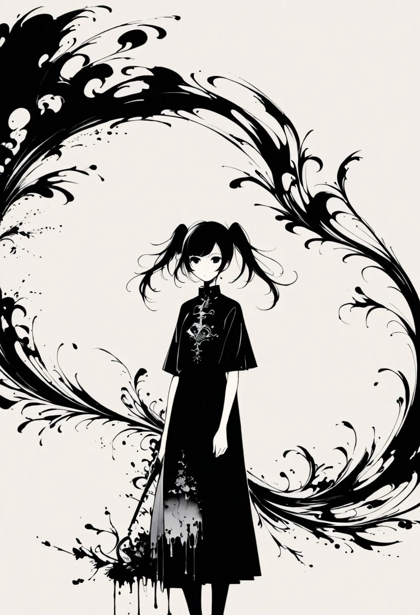 A girl with twin pigtails, gothic style, minimalism, linear style, vast negative space, ink painting, abstract
