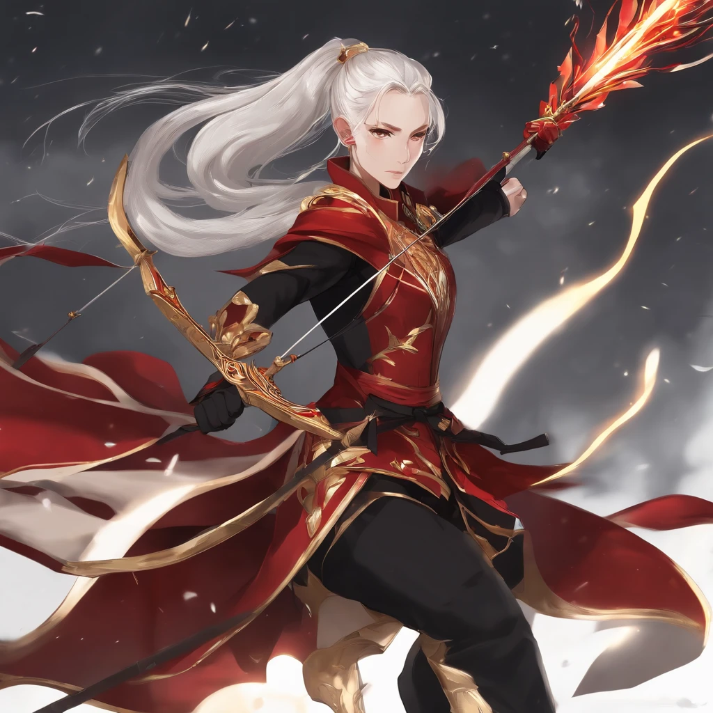 Anime androgynous person, black and red suits, white pony tail hair, golden colored eyes, using bow and arrow, ready to fight, intimidating look, fire raining