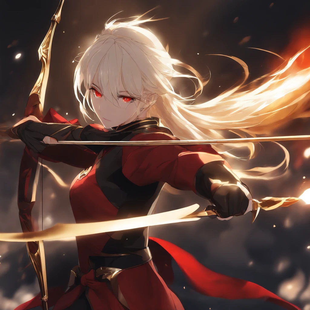 Anime androgynous person, black and red suits, white pony tail hair, golden colored eyes, using bow and arrow, ready to fight, intimidating look, fire raining