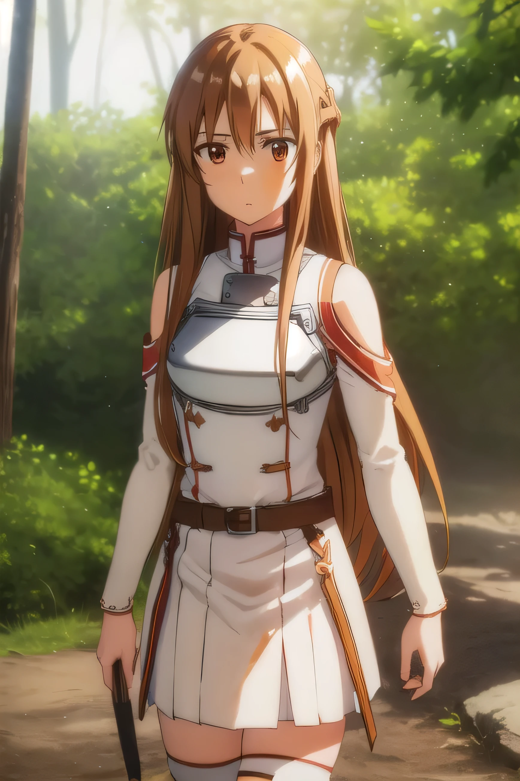 asunayuuki, asuna yuuki, Long Hair, Brown Hair, (Brown eyes:1.8),
break skirt, Knee socks, Bare shoulders, Removable sleeves, armor, white Knee socks, (breastplate:1.2), Red Skirt,
break outdoors, nature, forest, sun, null,
break looking at viewer, (Cowboy Shot:1.5),
break (masterpiece:1.2), Highest quality, High resolution, unity 8k wallpaper, (figure:0.8), (Beautiful attention to detail:1.6), Highly detailed face, Perfect lighting, Highly detailed CG, (Perfect hands, Perfect Anatomy),