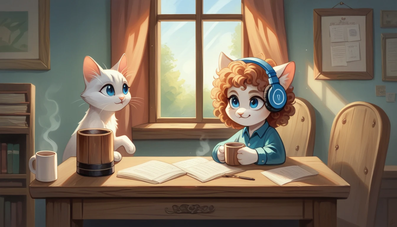 A young woman with short, curly hair sits engrossed in a fantasy novel at a wooden desk. Sunlight streams through a window, illuminating dust motes dancing in the air. A fluffy white cat with bright blue eyes curls contentedly on a stack of worn paperbacks beside a steaming mug of tea. Gentle lofi music plays from vintage headphones resting on the desk. ultra hd 8k image, cinematic.