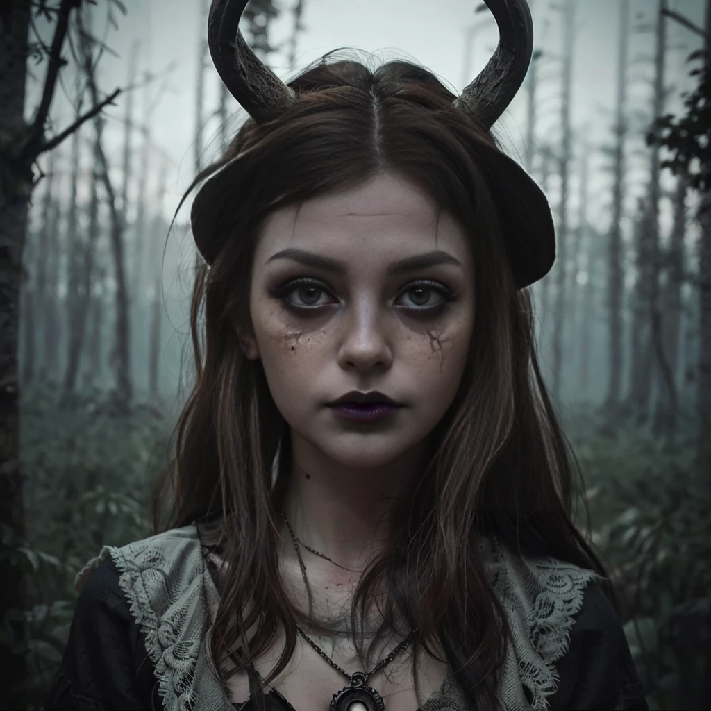 (Best Quality,hight resolution,Masterpiece, portrait:1.2),Ultra-detailed,blonde demon woman with black metal make-up,sickly, standing with a desolated land in the background, she's wearing a viking helmet with deer horns, desolated landscape in the background, black dripping make up, black metal make-up, demon woman with deer horns, close up portrait, viking witch aesthetic, nordic traits, cinematic portrait shot, horror vibes, centered subject,gloomy ecstasy,fetish,dark gloomy atmosphere, creepy atmosphere, gritty texture,Retro-atmosphere,warped reality,melancholic expression on his face,mysterious aura,foggy atmosphere,foggy background,Subtle color palette,provocative pose,Strong emotions,Coming Out of the Depths of Despair,Piercing gaze,intense shadows,Plunged in Darkness,dark industrial aesthetic,ominous vibe,A supernatural sensation,Loss of Place in Time and Space,Eerie silence.asymmetrical hair, freckles, blonde hair, Bangs, freckles, gray eyes,