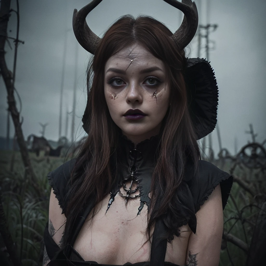 (Best Quality,hight resolution,Masterpiece, portrait:1.2),Ultra-detailed,blonde demon woman with black metal make-up,sickly, standing with a desolated land in the background, she's wearing a viking helmet with deer horns, desolated landscape in the background, black dripping make up, black metal make-up, demon woman with deer horns, close up portrait, viking witch aesthetic, nordic traits, cinematic portrait shot, horror vibes, centered subject,gloomy ecstasy,fetish,dark gloomy atmosphere, creepy atmosphere, gritty texture,Retro-atmosphere,warped reality,melancholic expression on his face,mysterious aura,foggy atmosphere,foggy background,Subtle color palette,provocative pose,Strong emotions,Coming Out of the Depths of Despair,Piercing gaze,intense shadows,Plunged in Darkness,dark industrial aesthetic,ominous vibe,A supernatural sensation,Loss of Place in Time and Space,Eerie silence.asymmetrical hair, freckles, blonde hair, Bangs, freckles, gray eyes,