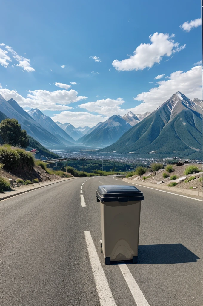 3 garbage can with labels on them on the side of roads there's a huge mountain in the background of the city 