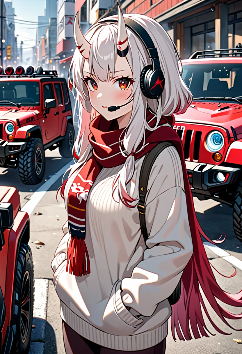 8K Ultra High-Quality, ultra-detailed, High quality, Nakiri Ayame, white oni horns, headset, scarf, sweater, jeep in the background