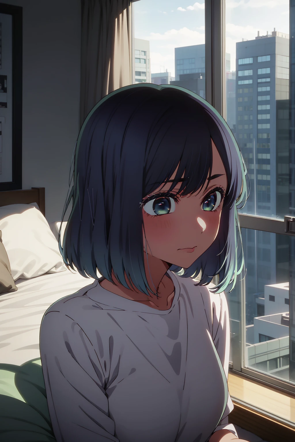 akane kurokawa,naked,rock,Blue Hair,naked,hot,sexy,beautiful,Perfect body,One Girl,big ,masterpiece,Perfect Face,Expressive Face,naked,night、Lying on a bed by the window in a high-rise building,Atmospheric lighting、Sad face