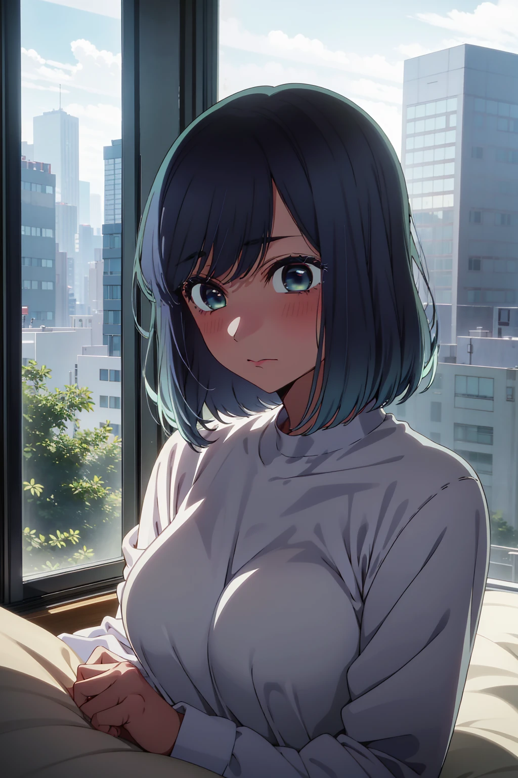 akane kurokawa,naked,rock,Blue Hair,naked,hot,sexy,beautiful,Perfect body,One Girl,big ,masterpiece,Perfect Face,Expressive Face,naked,night、Lying on a bed by the window in a high-rise building,Atmospheric lighting、Sad face