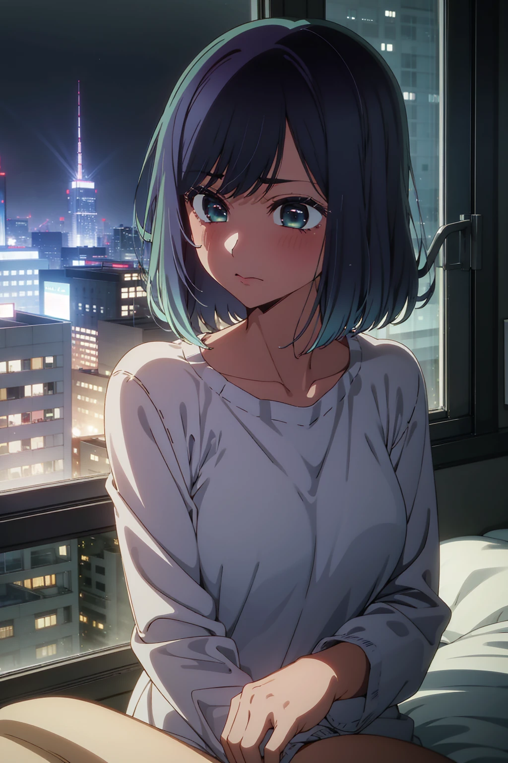 akane kurokawa,naked,rock,Blue Hair,naked,hot,sexy,beautiful,Perfect body,One Girl,big ,masterpiece,Perfect Face,Expressive Face,naked,night、Lying on a bed by the window in a high-rise building,Atmospheric lighting、Sad face