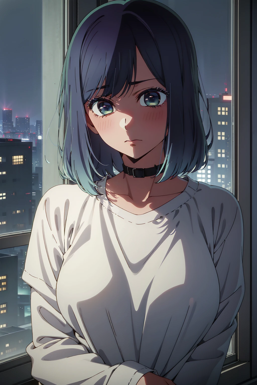 akane kurokawa,naked,rock,Blue Hair,naked,hot,sexy,beautiful,Perfect body,One Girl,big ,masterpiece,Perfect Face,Expressive Face,naked,night、Lying on a bed by the window in a high-rise building,Atmospheric lighting、Sad face