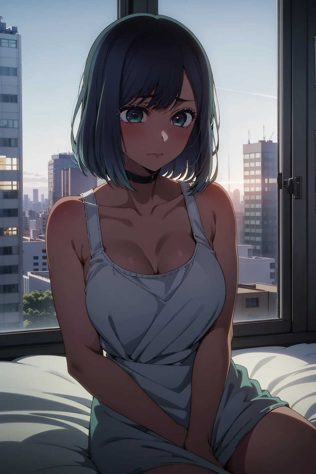 akane kurokawa,naked,rock,Blue Hair,naked,hot,sexy,beautiful,Perfect body,One Girl,big ,masterpiece,Perfect Face,Expressive Face,naked,night、Lying on a bed by the window in a high-rise building,Atmospheric lighting、Sad face