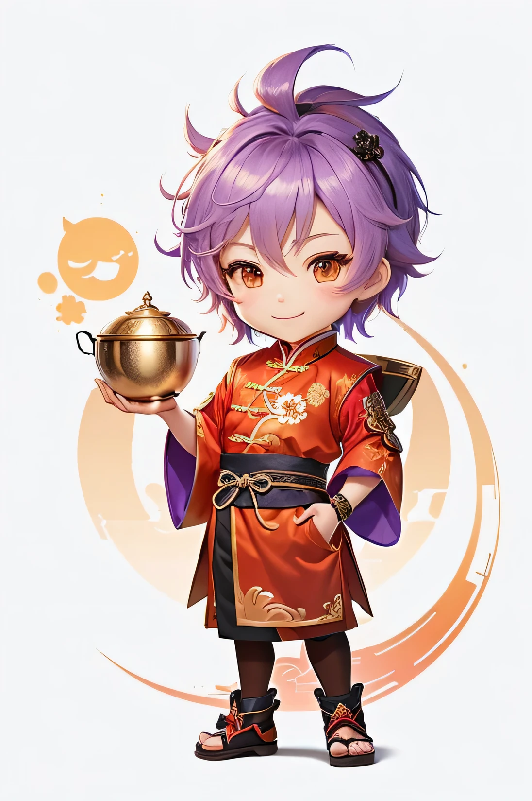A cartoon boy in purple Chinese style clothing holding a sieve, Happy smile,zhongli from Genshin Impact impact, Maple Story Character Art, keqing from Genshin Impact impact, Moon Themed Clothing, Inspired by Pu Hua, Genshin Impact impact character, guys, Adventure Island, Genshin Impact, Advanced Digital Chibi Art, Adventure Island mouse, Lovely characters, Chinese Clothing, Official Art