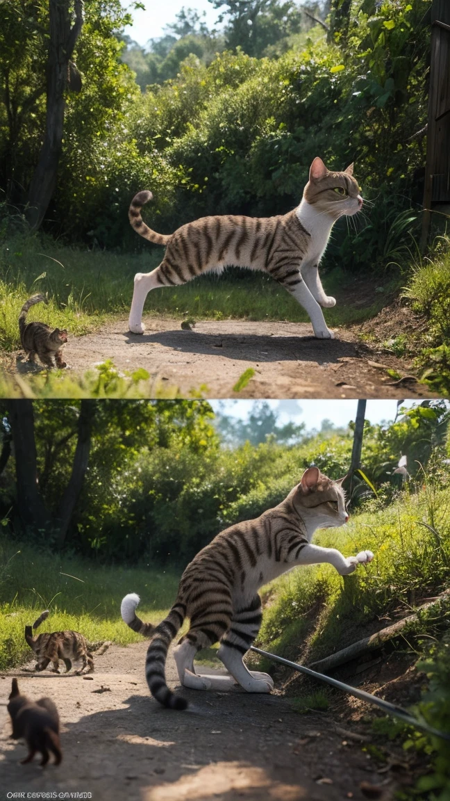 4K/ realistic picture/ Cats hunting rats: A natural scene of a cat catching a rat.