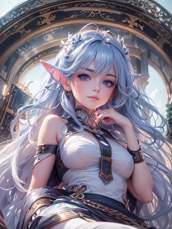 masterpiece, Highest quality, Highly detailed CG Unity 8k wallpaper,((whole body)), ((Bedroom in the spaceship)), (Long pointy ears), (Elegant long wavy light blue hair), ((Average Chest Circumference, Self-illuminating skin)), (((A revealing white-on-black military uniform))), (Geometric Circlet), (Sweaty, wet white skin), (blush), , (Captivating smile), so beautiful, Symmetrical face, Fine grain, Key Art, Awards, intricate detail realism hdr, Photorealism, Hyperrealism, Ultra-realistic, Dramatic Light, Strong Shadows, Nice views, Written boundary depth