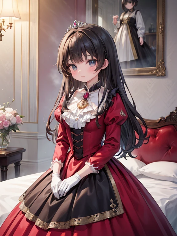 masterpiece, Highest quality, Very detailed, 16K, Ultra-high resolution, Cowboy Shot, anatomically correct, , Detailed face, black eye, Black Hair, Long Straight, victorian dress, (Crimson Dress:1.5), tiara, brooch, White gloves, Long Skirt, royal palace, throne, stand