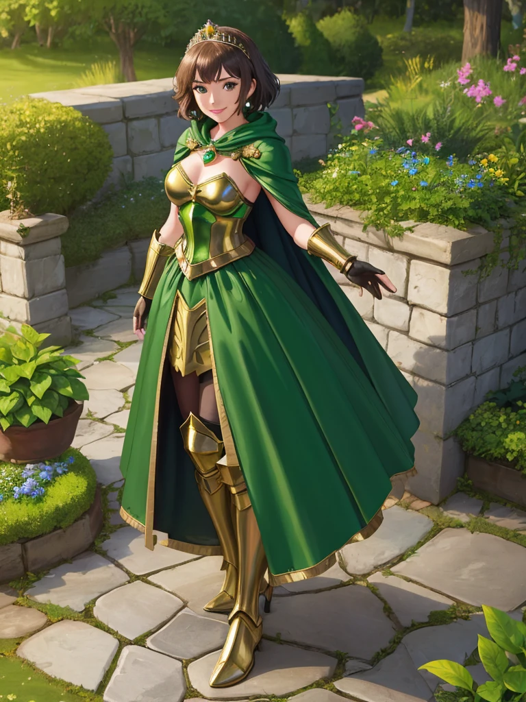 masterpiece, best quality:1.2), 1girl, smile, looking at viewer, green eyes, short brown hair, princess, armor, , pauldrons, armored dress, green cloak cape, wearing puffy blue ballgown skirt, golden tiara with green gem, armored boots, fingerless gloves, standing in medieval garden