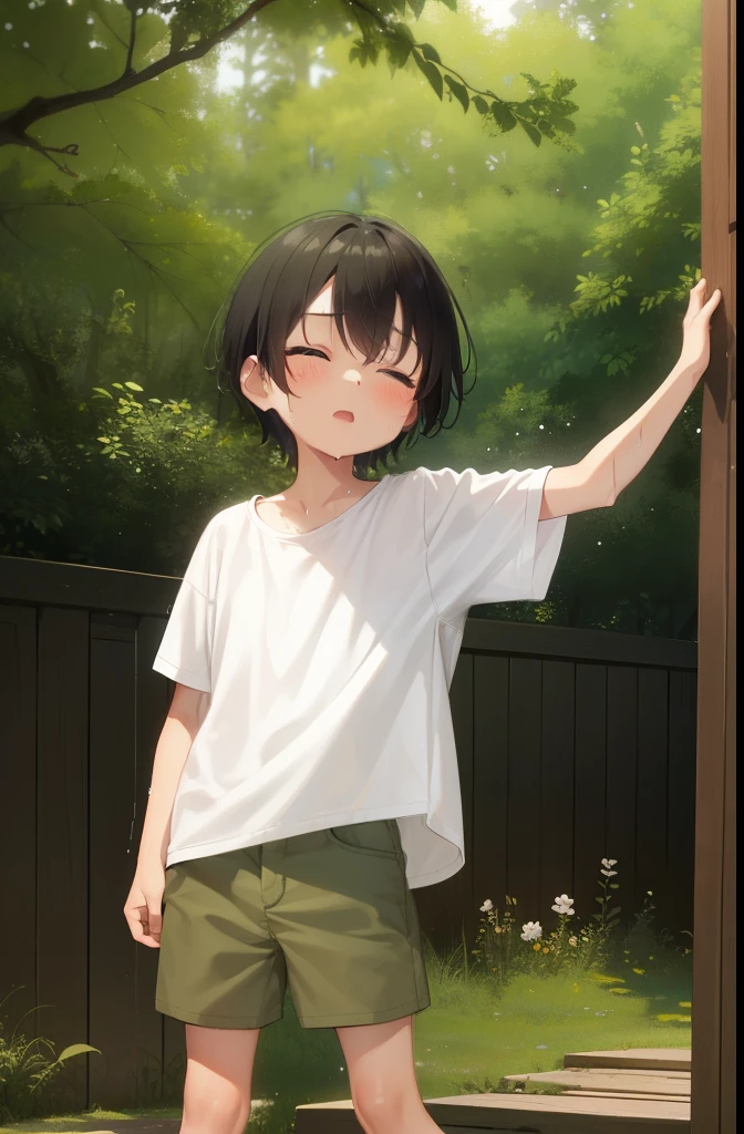 forest,Are standing,Put your hands behind your back,close your eyes,1 tiny ,short hair,Black Hair,blush,White T-shirt,Olive green shorts,barefoot,White skin,summer,From below,shy,Sweat,Open your mouth,Wet,