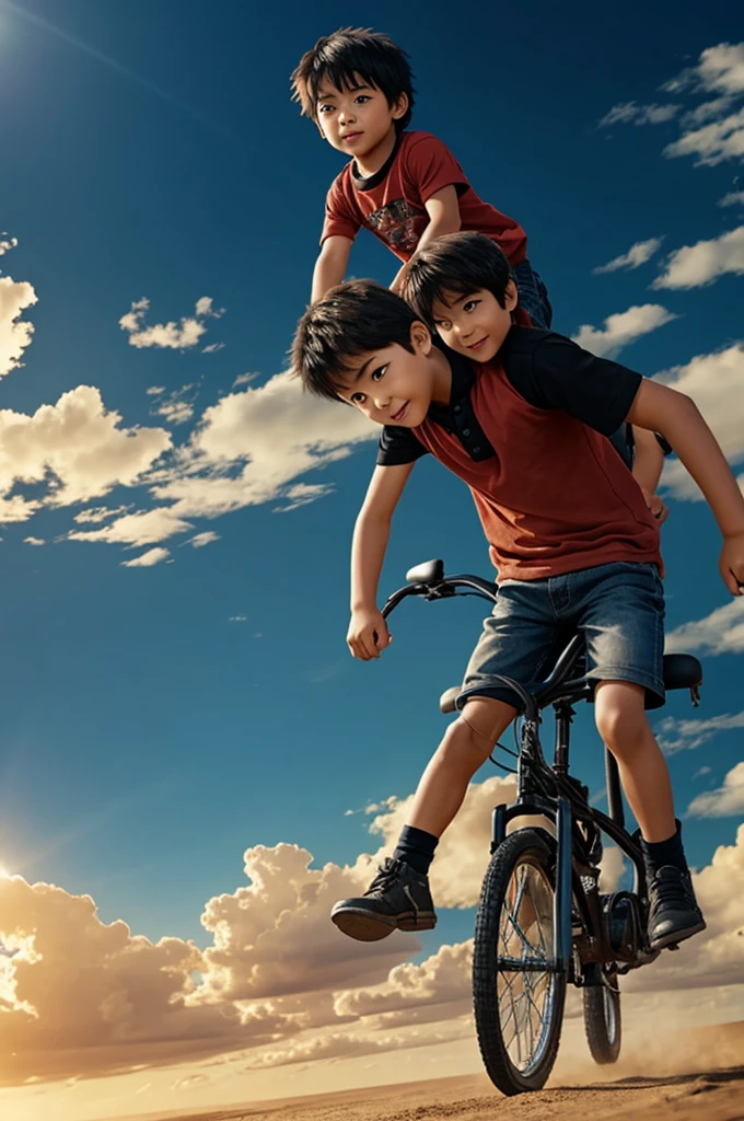 A little boy rides on the back of a young man in the end of the world anime.