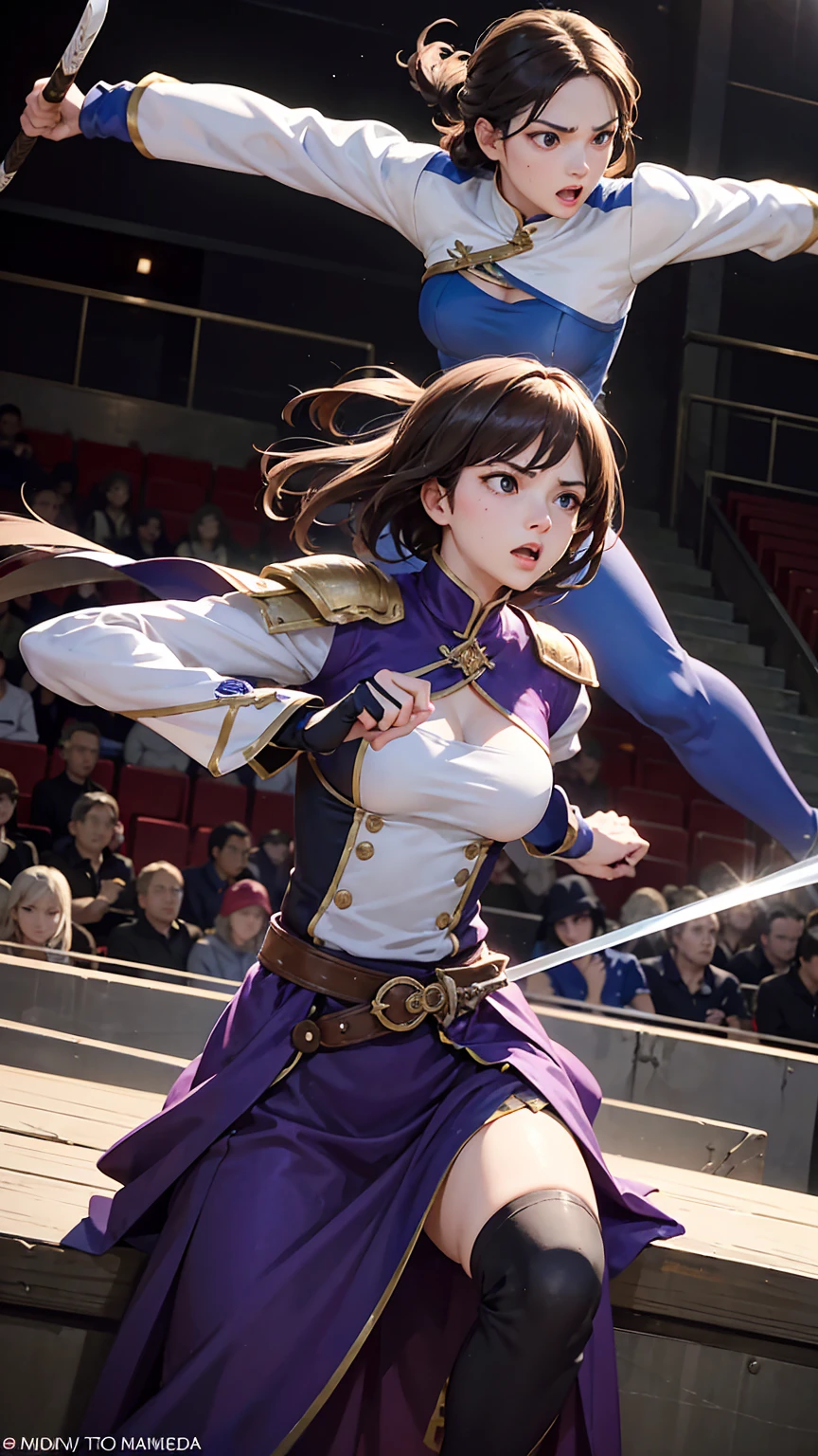The arena is bathed in sunlight, filled with the roar of the crowd as intense battles unfold. Spectators include citizens, royals, and even pirates, all fervently enjoying the matches.

Rebecca, adorned in a beautiful helmet and clad in the purple uniform of Dressrosa's soldiers, stands at the center of the arena. Her swordsmanship is graceful yet deadly, swiftly cutting down her opponents with precision and speed. Despite the fierce combat, her face remains serene and gentle, contrasting sharply with the intensity of her swordplay.

Surrounded by cheering spectators, among them her supportive family and friends, Rebecca catches the eye of royalty seated in the front rows, including her benefactor Kyros.

Throughout the match, Rebecca deftly dodges incoming attacks and delivers calculated strikes of her own. Her swordplay is akin to artistry, captivating the audience with each move. At times, the gleam of her blade catches the sunlight, symbolizing her strong will and skill as the focal point of the arena.

Deep within Rebecca's heart burns a fierce devotion to her kingdom and family, fuelling her determination on the battlefield. In her eyes, there's both a thirst for victory and a steadfast belief in fighting without causing harm to others.
