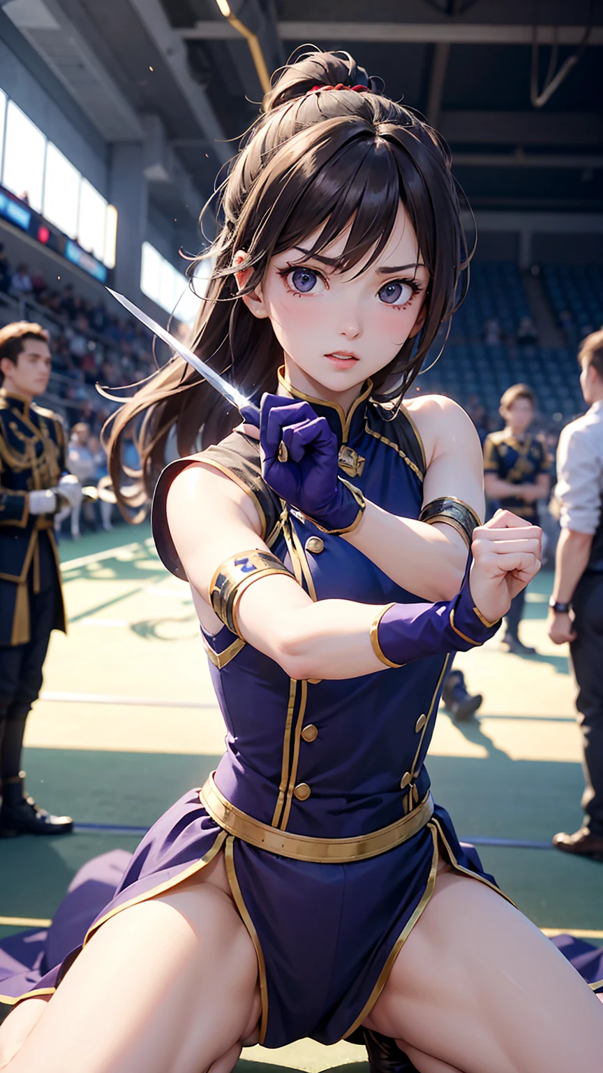 The arena is bathed in sunlight, filled with the roar of the crowd as intense battles unfold. Spectators include citizens, royals, and even pirates, all fervently enjoying the matches.

Rebecca, adorned in a beautiful helmet and clad in the purple uniform of Dressrosa's soldiers, stands at the center of the arena. Her swordsmanship is graceful yet deadly, swiftly cutting down her opponents with precision and speed. Despite the fierce combat, her face remains serene and gentle, contrasting sharply with the intensity of her swordplay.

Surrounded by cheering spectators, among them her supportive family and friends, Rebecca catches the eye of royalty seated in the front rows, including her benefactor Kyros.

Throughout the match, Rebecca deftly dodges incoming attacks and delivers calculated strikes of her own. Her swordplay is akin to artistry, captivating the audience with each move. At times, the gleam of her blade catches the sunlight, symbolizing her strong will and skill as the focal point of the arena.

Deep within Rebecca's heart burns a fierce devotion to her kingdom and family, fuelling her determination on the battlefield. In her eyes, there's both a thirst for victory and a steadfast belief in fighting without causing harm to others.
