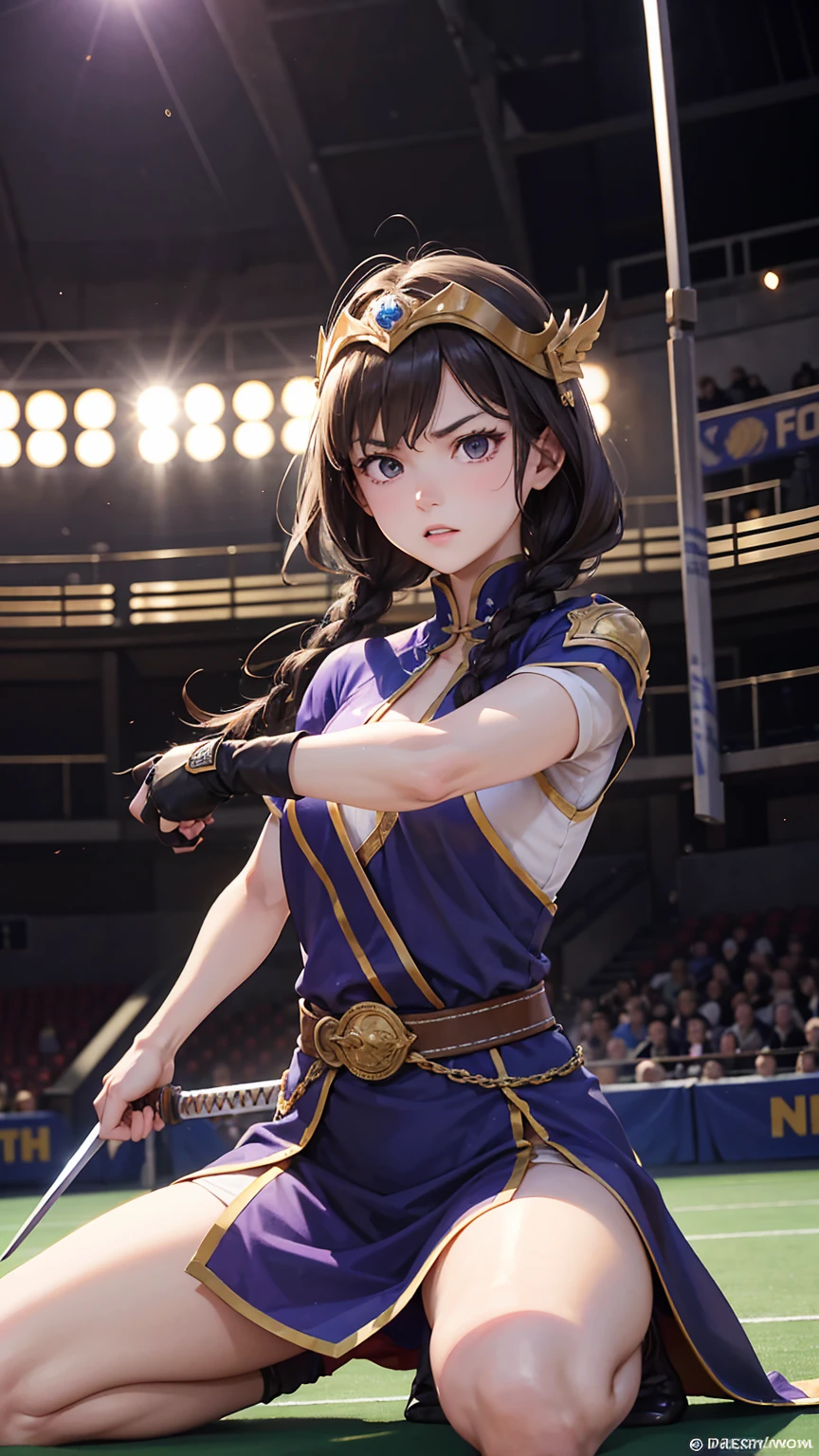 The arena is bathed in sunlight, filled with the roar of the crowd as intense battles unfold. Spectators include citizens, royals, and even pirates, all fervently enjoying the matches.
Rebecca, adorned in a beautiful helmet and clad in the purple uniform of Dressrosa's soldiers, stands at the center of the arena. Her swordsmanship is graceful yet deadly, swiftly cutting down her opponents with precision and speed. Despite the fierce combat, her face remains serene and gentle, contrasting sharply with the intensity of her swordplay.
Surrounded by cheering spectators, among them her supportive family and friends, Rebecca catches the eye of royalty seated in the front rows, including her benefactor Kyros.
Throughout the match, Rebecca deftly dodges incoming attacks and delivers calculated strikes of her own. Her swordplay is akin to artistry, captivating the audience with each move. At times, the gleam of her blade catches the sunlight, symbolizing her strong will and skill as the focal point of the arena.
Deep within Rebecca's heart burns a fierce devotion to her kingdom and family, fuelling her determination on the battlefield. In her eyes, there's both a thirst for victory and a steadfast belief in fighting without causing harm to others.