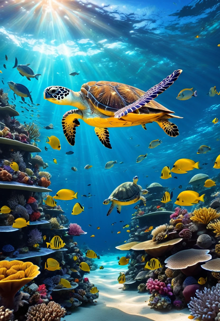 a beautiful detailed underwater scene with deep blue water, a variety of marine life, coral reefs, sunlight filtering through the water, schools of tropical fish, sea turtles swimming gracefully, bioluminescent plankton, a coral-encrusted shipwreck, realistic water simulation, stunning 8k resolution, cinematic lighting, vibrant colors, photorealistic, masterpiece, sharp focus, very detailed
