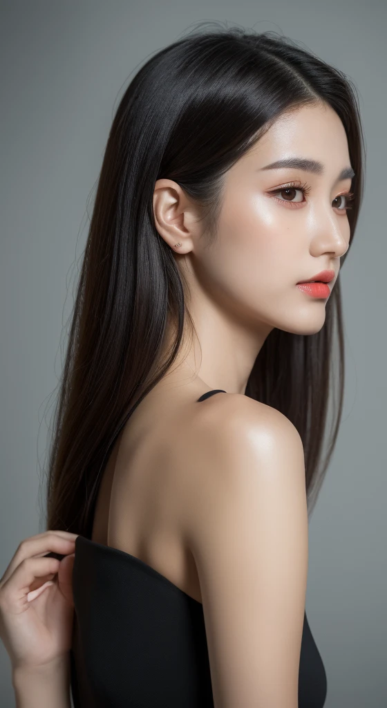 ((best quality, 8k, masterpiece :1.3)), sharp focus :1.2, Chinese artist. Zhang Xinyu. ((Zhang Xinyu. 24 years old)) Body. thin. Slim. charming. ((Face with makeup. dark orange lipstick)) long thin straight black hair long
Strapless Tube Mini Dress)) And show your ears. in front of camera. ear texture. Ear hole detail. actual. Close-up of the ears. at close range. Shot from the side_ Mix 4, 20 days, alone, photorealistic:1.37
