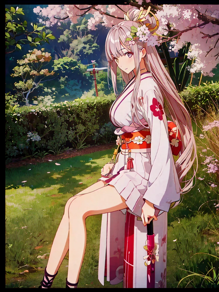 Shiny light purple hair,white skin,purple needle eye,Kimono,big breasts,Background under the cherry tree,Carrying a samurai sword in the hatch,