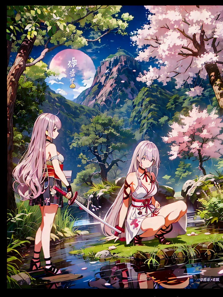 Shiny light purple hair,white skin,purple needle eye,Kimono,big breasts,Background under the cherry tree,Carrying a samurai sword in the hatch,