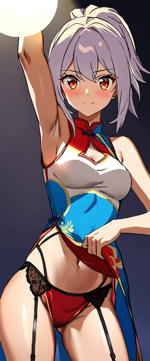 High resolution, adult woman , good lighting, despicable, , (No nudity), (((China dress))), (()), ((())), (garter belt), abdomen only, (), , cute face, I'm embarrassed and blush, from behind, from back, humiliating, ((turn around and look back)), ((See-through))()(T-back)(a large amount of is on the body,) 640 X 1536