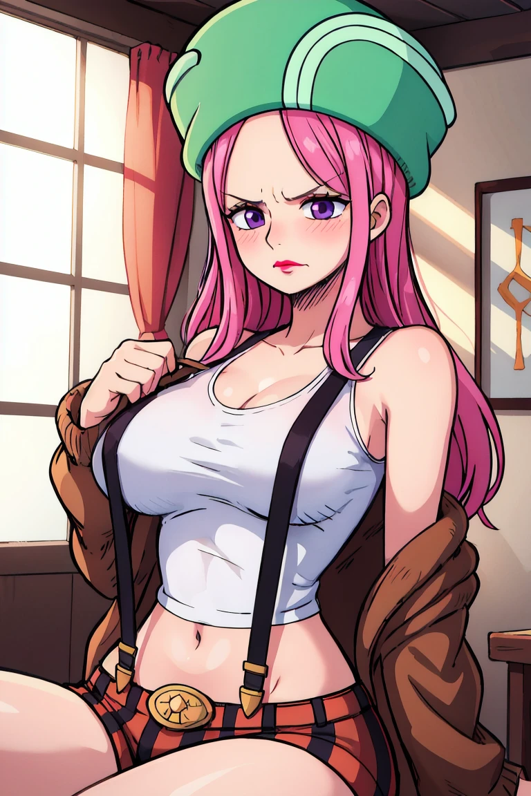 HDR, CG, sharp focus,(8k), (4k), (Masterpiece), (Best Quality), fantasy, extremely detailed, intricate, hyper detailed, (perfect face), illustration,soft lighting, highres, absurdres,best quality, jewelry bonney, lipstick, purple eyes, pink hair, long hair, green hat, white tank top, suspenders, brown jacket, striped shorts, straight hair, indoors, room, navel, big breasts, upper body, , breasts out, grab breasts, grabbing breasts, bouncing breasts, angry, sitting, closed mouth, blush,