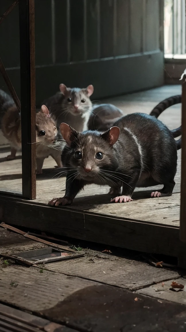 4K/ realistic picture/ Surge of rats after cats disappear: Rats proliferating in an environment without cats.