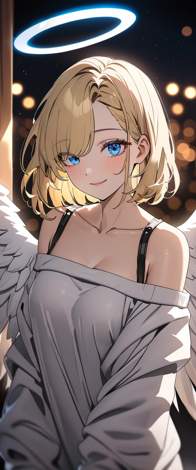 ((angel, big big white wings:1.3, halo:1.3)), (((upper body))), ((flying)), archangel Uriel, ((wavy hair, outward curled hair)), evening, Sunset, ((blond hair, bob cut:1.3)), breasts, teenager, (looking at viewer), oversized clothes, puffy long sleeves, collarbone, ((off-shoulder sweater dress:1.3, Quite thick shoulder straps)), (((sleeves past wrists:1.3))), ((white sweater)), collarbone, head tilt:1.3, (((blue eyes))), ((happy smile)), (((anime style))), (best quality, 4K, 8K, highres, masterpiece:1.2, ultra-detailed, ultra-detailed eyes, HDR, uhd, studio lighting, ultra-fine painting, sharp focus, physically-based rendering, extreme detail description, professional, vivid colors, bokeh), ((Highest quality, Best image quality, Ultra-high resolution, Ultra-high resolution, solo, Strong eye highlights)), Depth of written boundary, Natural soft light, attractive, Beautiful Face, Cleanliness, Pure Face, medium chest, Beautiful Face, Perfect Fingers, Perfect hands, Perfect body, Perfect Face, Shine a light into your eyes, Perfect Anatomy