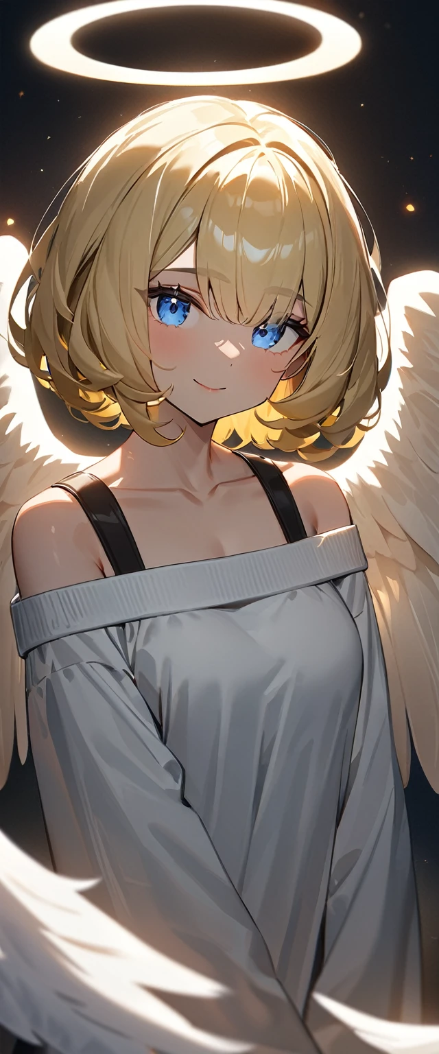 ((angel, big big white wings:1.3, halo:1.3)), (((upper body))), ((flying)), archangel Uriel, ((wavy hair, outward curled hair)), evening, Sunset, ((blond hair, bob cut:1.3)), breasts, ager, (looking at viewer), oversized clothes, puffy long sleeves, collarbone, ((off-shoulder sweater dress:1.3, Quite thick shoulder straps)), (((sleeves past wrists:1.3))), ((white sweater)), ((aran sweater)), collarbone, head tilt:1.3, (((blue eyes))), ((happy smile)), (((anime style))), (best quality, 4K, 8K, highres, masterpiece:1.2, ultra-detailed, ultra-detailed eyes, HDR, uhd, studio lighting, ultra-fine painting, sharp focus, physically-based rendering, extreme detail description, professional, vivid colors, bokeh), ((Highest quality, Best image quality, Ultra-high resolution, Ultra-high resolution, solo, Strong eye highlights)), Depth of written boundary, Natural soft light, attractive, Beautiful Face, Cleanliness, Pure Face, medium chest, Beautiful Face, Perfect Fingers, Perfect hands, Perfect body, Perfect Face, Shine a light into your eyes, Perfect Anatomy