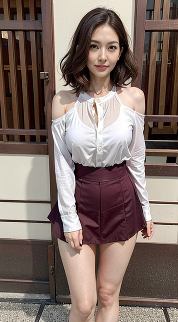 8K images, Highest quality, masterpiece, Realistic, Realistic, High resolution, maroon, Shoulder-length wavy bob hair、Ray Tracing, 1 sexy woman, , Shapely breasts,,(((Japanese middle-aged woman))) , (View your viewers)、Show off your thighs、charm、sexy、Spread your legs、The body was facing forward、Crisp white shirt、