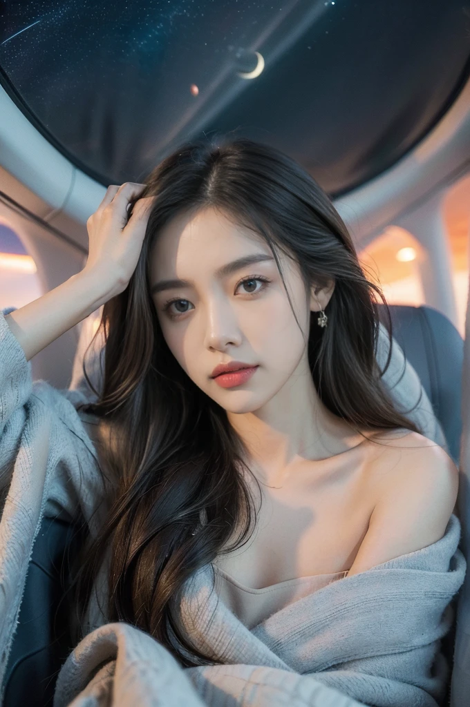 (((best quality))),(((ultra detailed))),(((masterpiece))),illustration,(a beautiful girl,female passenger,solo),((slim,thin,small breasts,flat chest)),(slender legs:1.2),summer night,((in airplane,economy class,indoor)),(blanket over shoulders:1.3),((dress)),(shoulder length straight hair:1.2),stars,moonlight,smooth flight,engine sound,lullaby,relaxed,excited,happy,visiting family,comfortable seats,soft fabric,headrests,adjustable,beauty of night sky,thinking about family,friends,dimmed lights,sleeping passengers,movies,personal screens,staying awake,magic of sky,joy of being with family,memorable journey,adventures,(surrounded by crowded crowds:1.3),(Outside the window is high-altitude night view:1.2),((from front,upper body))