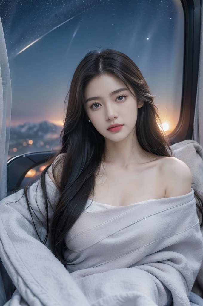 (((best quality))),(((ultra detailed))),(((masterpiece))),illustration,(a beautiful girl,female passenger,solo),((slim,thin,small breasts,flat chest)),(slender legs:1.2),summer night,((in airplane,economy class,indoor)),(blanket over shoulders:1.3),((dress)),(shoulder length straight hair:1.2),stars,moonlight,smooth flight,engine sound,lullaby,relaxed,excited,happy,visiting family,comfortable seats,soft fabric,headrests,adjustable,beauty of night sky,thinking about family,friends,dimmed lights,sleeping passengers,movies,personal screens,staying awake,magic of sky,joy of being with family,memorable journey,adventures,(surrounded by crowded crowds:1.3),(Outside the window is high-altitude night view:1.2),((from front,upper body))