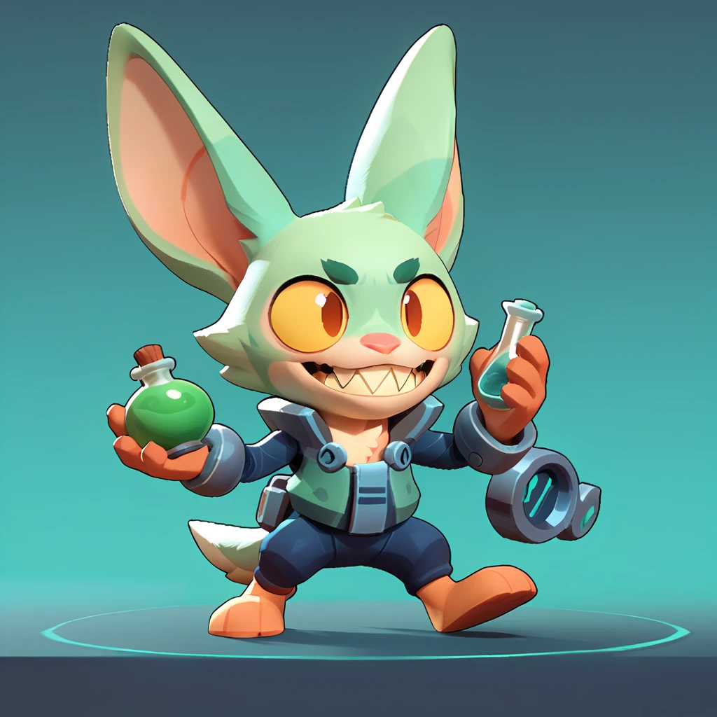 Full body view of a small spherical male monster with light teal fur, long ears, sharp teeth, smiling, holding a green potion in his hand, lies in a futuristic laboratory