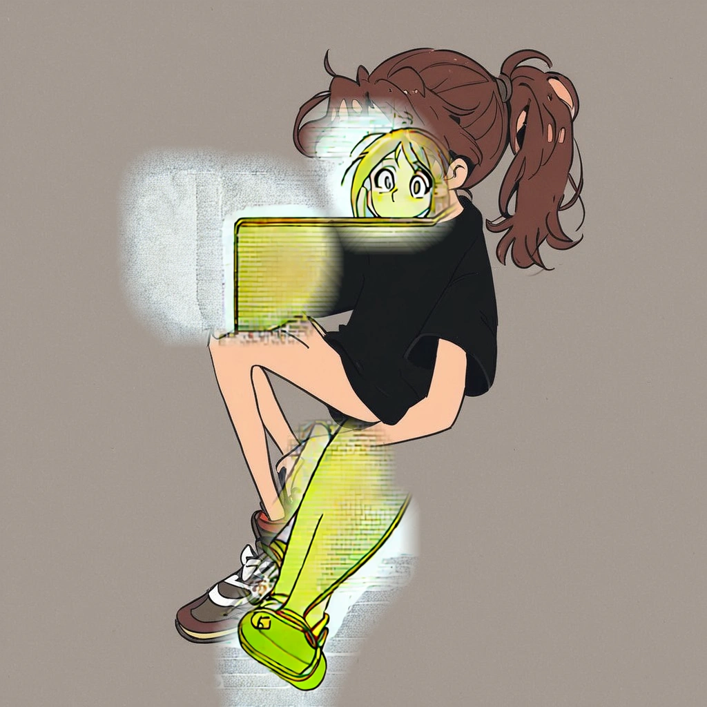 cartoon girl sitting on a skateboard with her legs crossed, 9 0 s anime style, 90s anime style, 9 0 s anime art style, flat anime style, in the art style of 8 0 s anime, in an anime style, cute art style, modern anime style, the anime girl is crouching, in anime style, 8 0 s anime art style