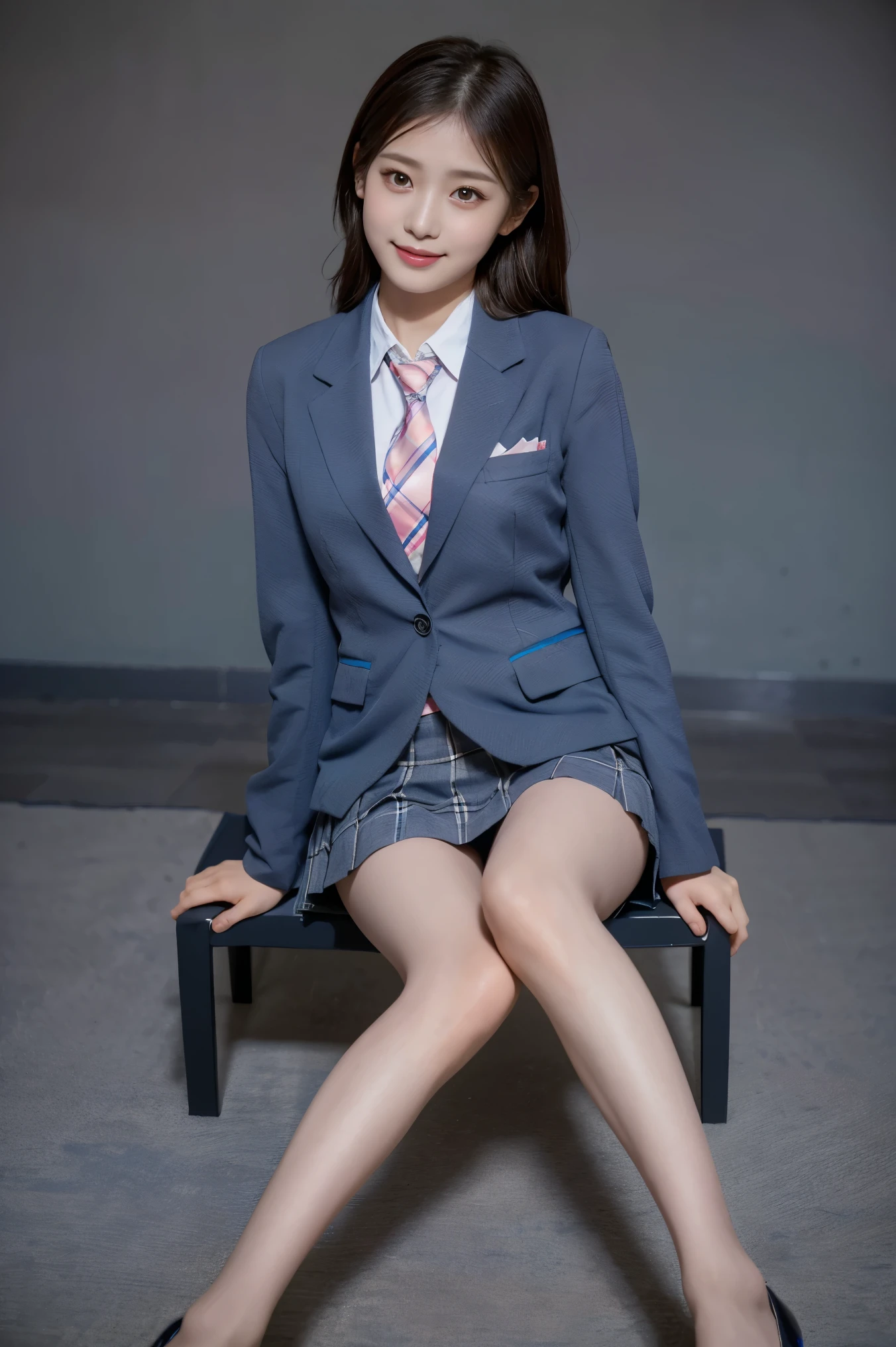 (8k), (highest quality: 1.2), (Realistic), (Realistic: 1.37), Ultra-high resolution, (1 girl), cute, blush,Embarrassed smile, Beautiful details, Beautiful Nose, straight Hair, Giant Dulcefo, pork, Thighs,Self Snap,University Uniforms,(A simple dark blue blazer:1.4),(Pleated skirt:1.2),(The skirt and tie are gray tartan check pattern.:1.3),(Sitting:1), Sit on the ground,(Hold my feet:1),(Shiny legs:1.2),from the front,knees