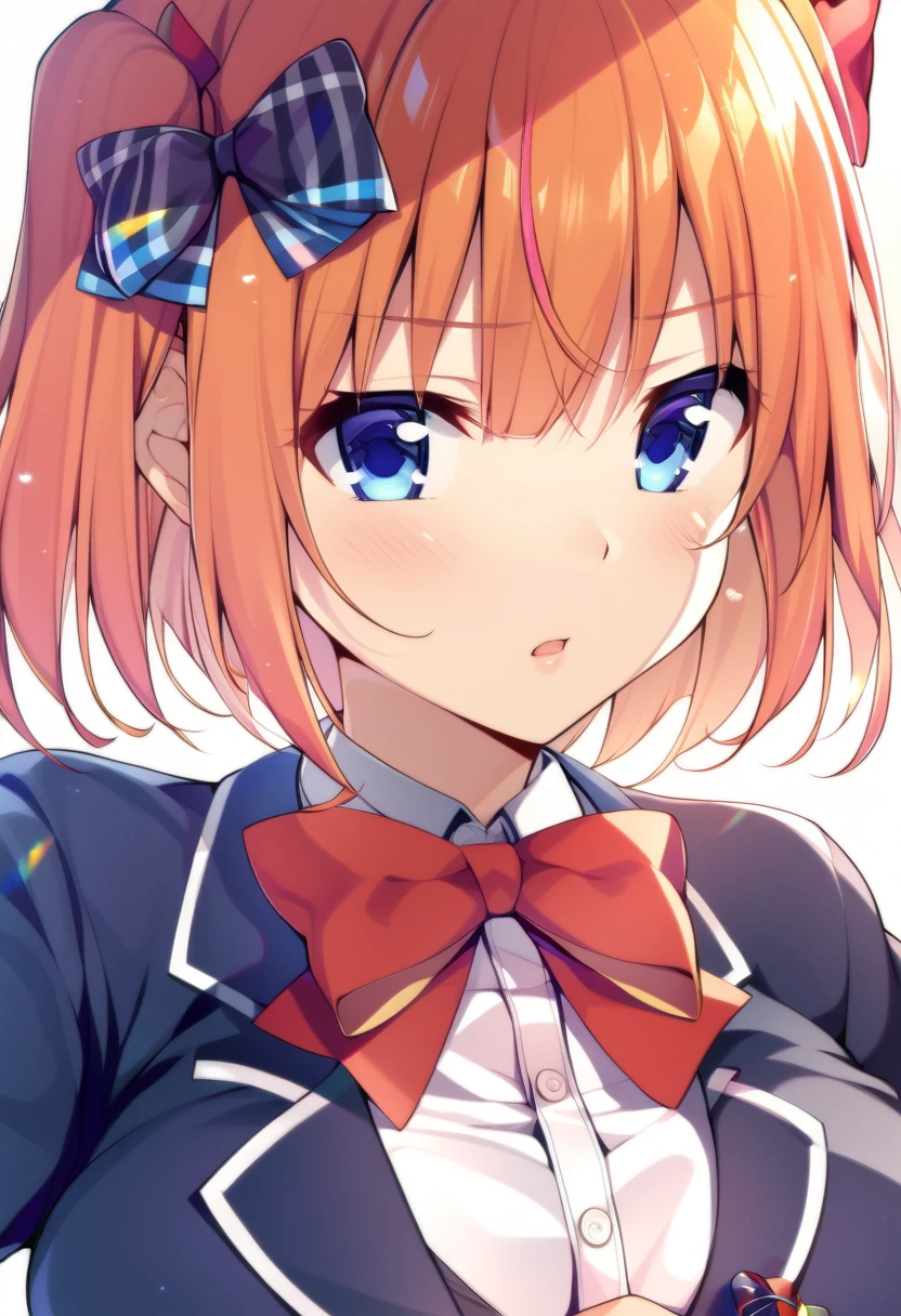 one girl, Sayori, hair bow, short hair, school blazer, orange hair