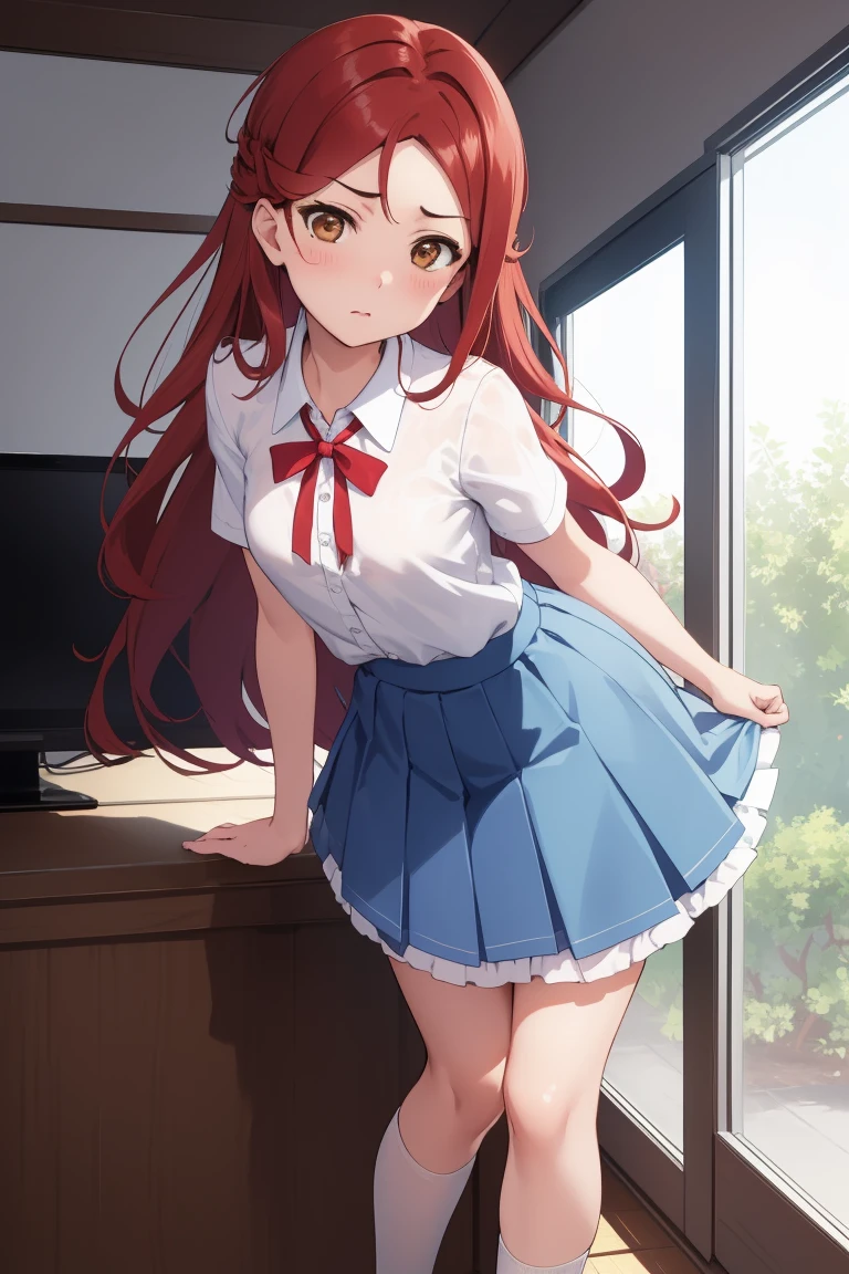 rikosakurauchi, Riko Sakurauchi, (Brown eyes:1.5), Hair between the eyes, Long Hair, (Redhead:1.5), (Small breasts:1.2), 
break skirt, shirt, ribbon, , white shirt, Short sleeve, Pleated skirt, shoes, shoes下, Blue Skirt, white shoes下, collared shirt, red ribbon,Light blue underwear、Light blue pants、((Light blue lace panties))、
break looking at viewer, Are standing, (Leaning forward:1.2), (Put your arms behind your back:1.2),Lift up the skirt、background　white　 Expressionless　Displeased((Skirt flip))Roll up your skirt　Low - Angle　(dark tan skin),
break indoors, classroom, 
break (masterpiece:1.2), Highest quality, High resolution, unity 8k wallpaper, Browsing Caution,(figure:0.8), (Beautiful attention to detail:1.6), Highly detailed face, Perfect lighting, Highly detailed CG, (Perfect hands, Perfect Anatomy),